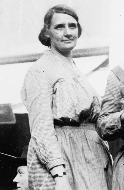 A close-up of Ainge in her prison garb, taken while she was traveling on the NWP’s “Prison Special Tour” in 1919. The women wore their prison clothes to accentuate their message about the injustice of their arrests. Retrieved from the collection of the Library of Congress, https://www.loc.gov/item/2016870025/.